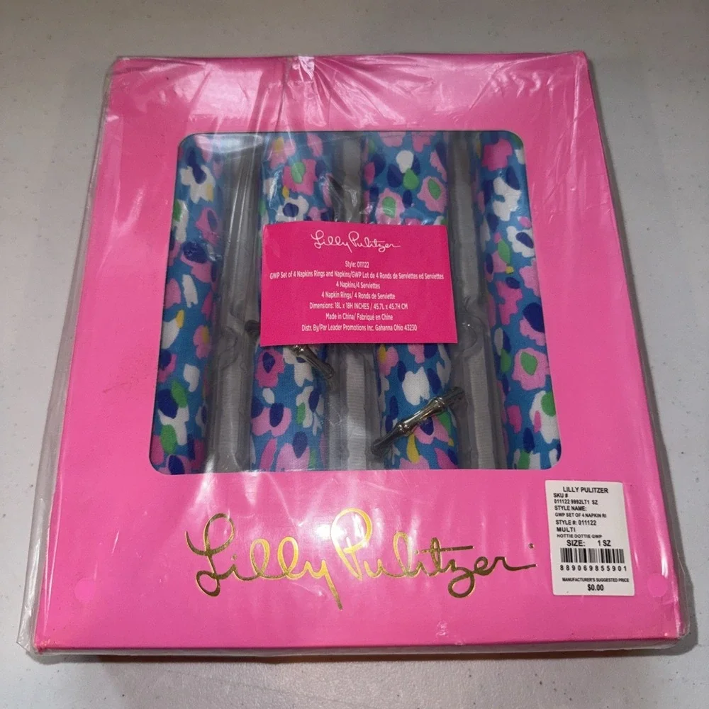 Lilly Pulitzer Hottie Dottie Napkin Set of 4 with Gold Bamboo Rings Floral Multi